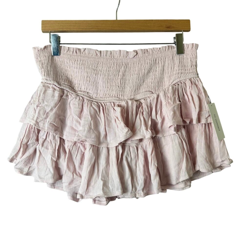 No Comment Pink Ruffle Mini Skirt Women’s XL Tiered Coquette Smocked Summer Boho
